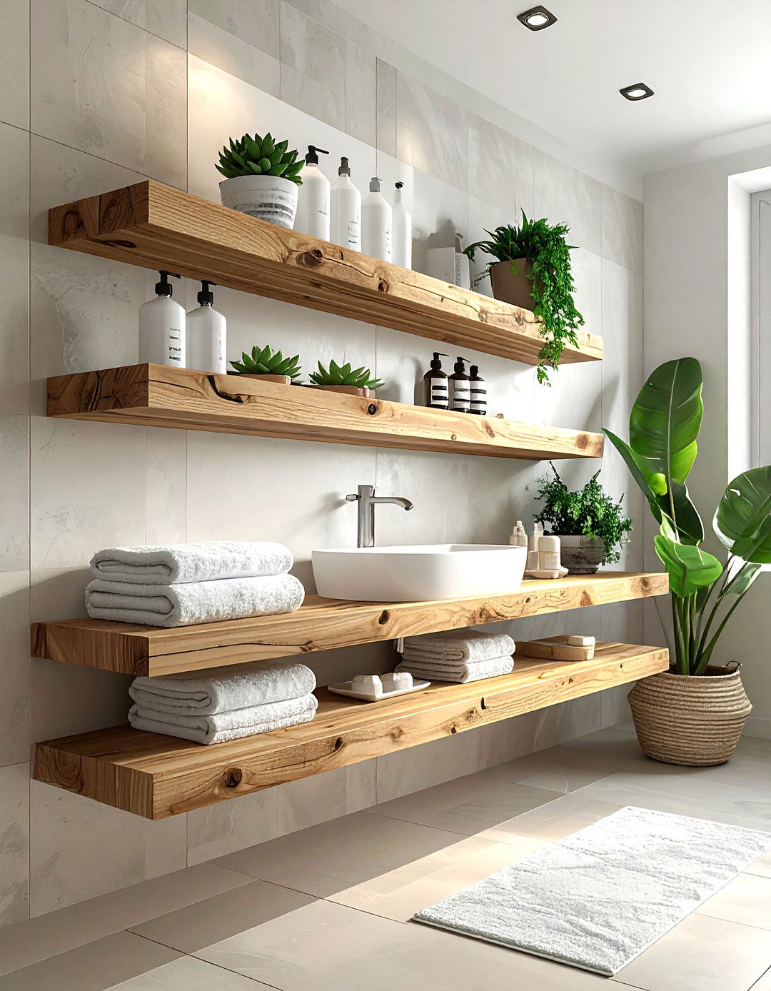 Floating wood shelves - 30 bathroom wall shelving ideas