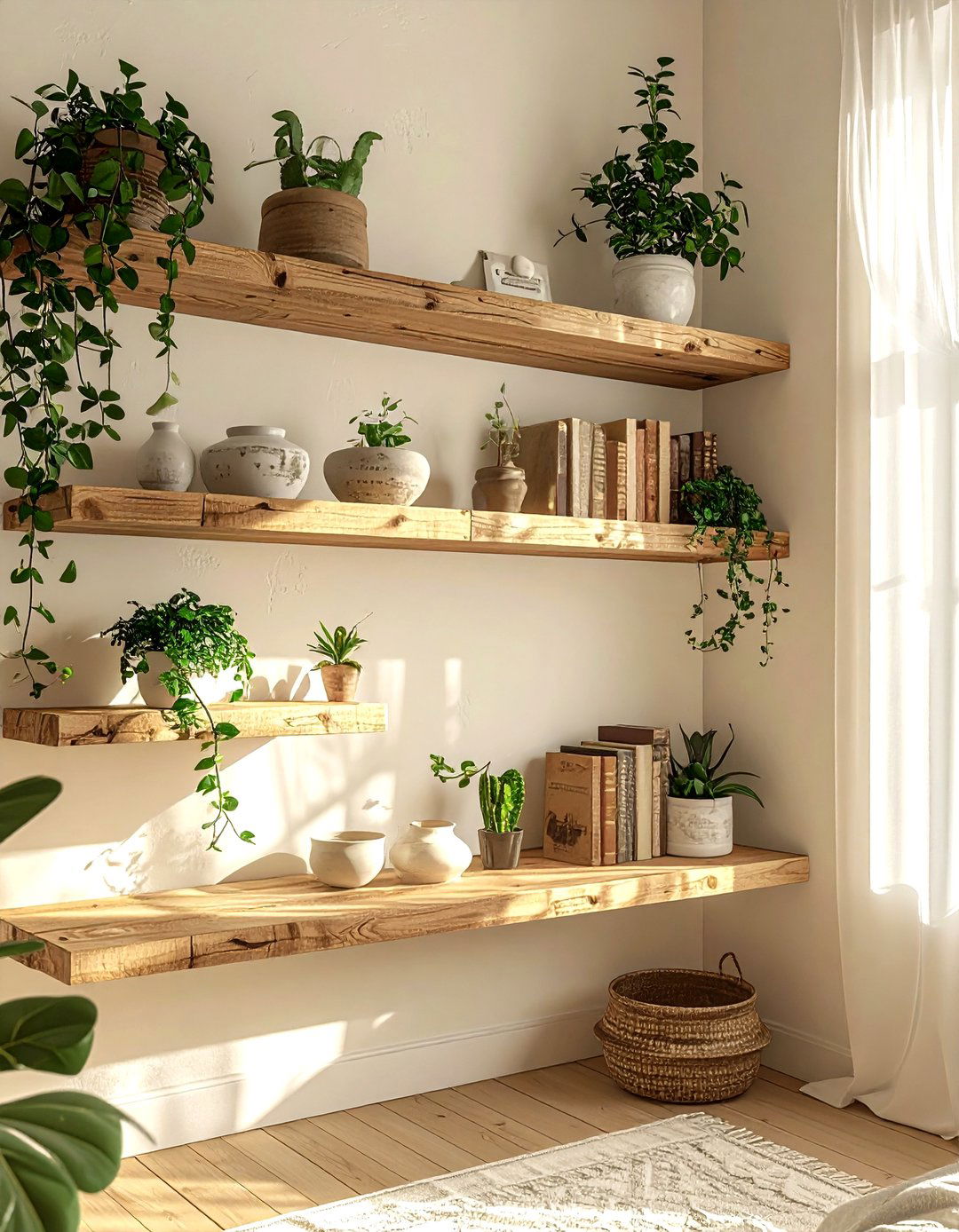 Floating wood shelves - 30 bohemian cream bedroom ideas