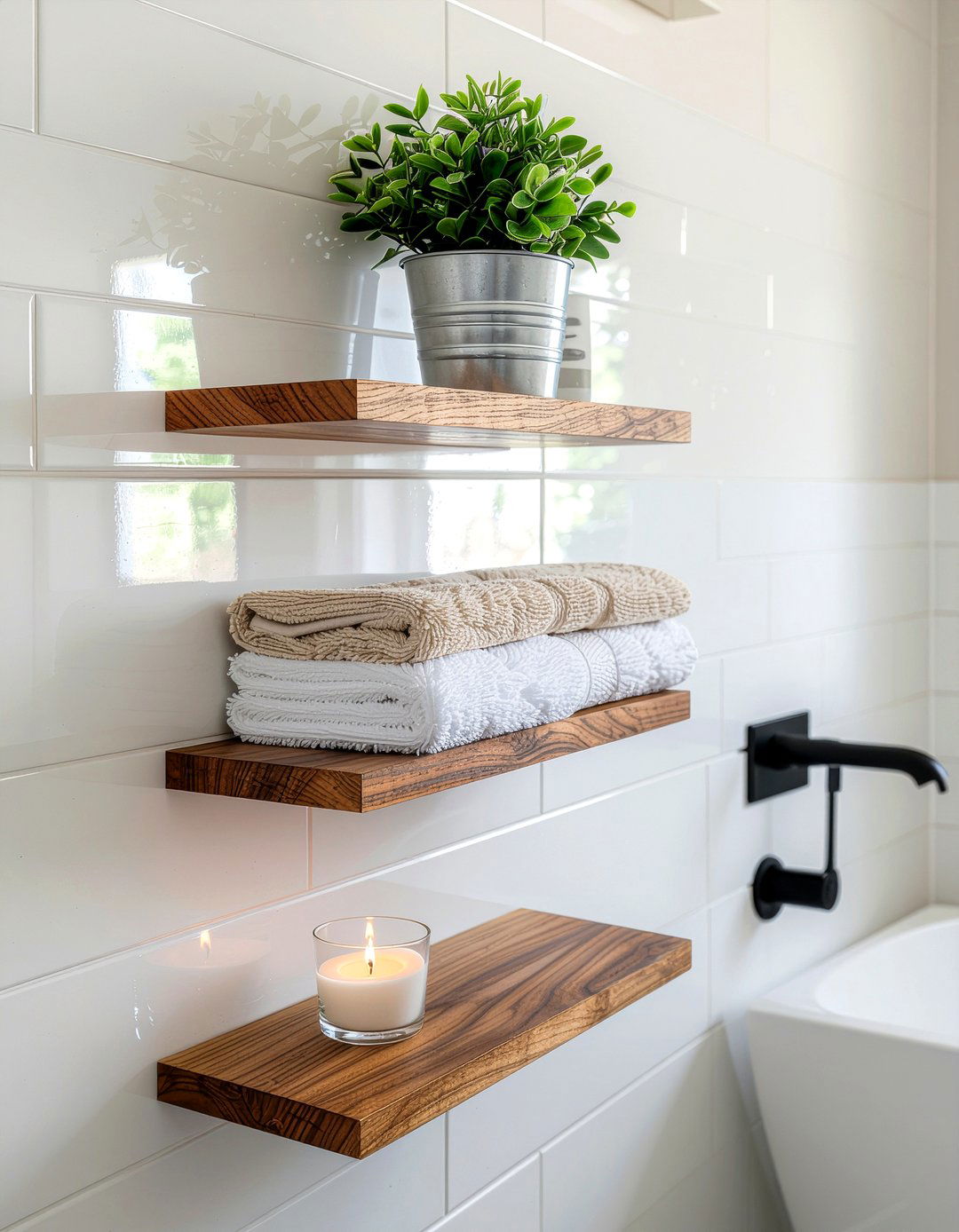 Floating wood shelves - 30 bathroom clutter-free ideas