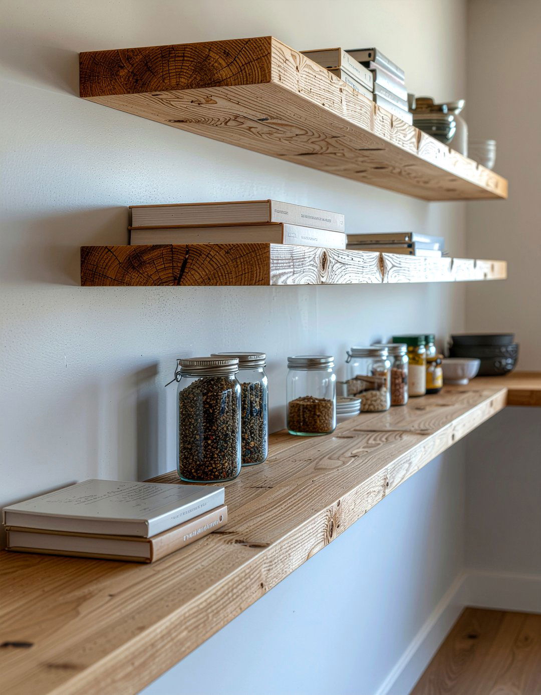 Floating wood shelves - 30 industrial kitchen ideas