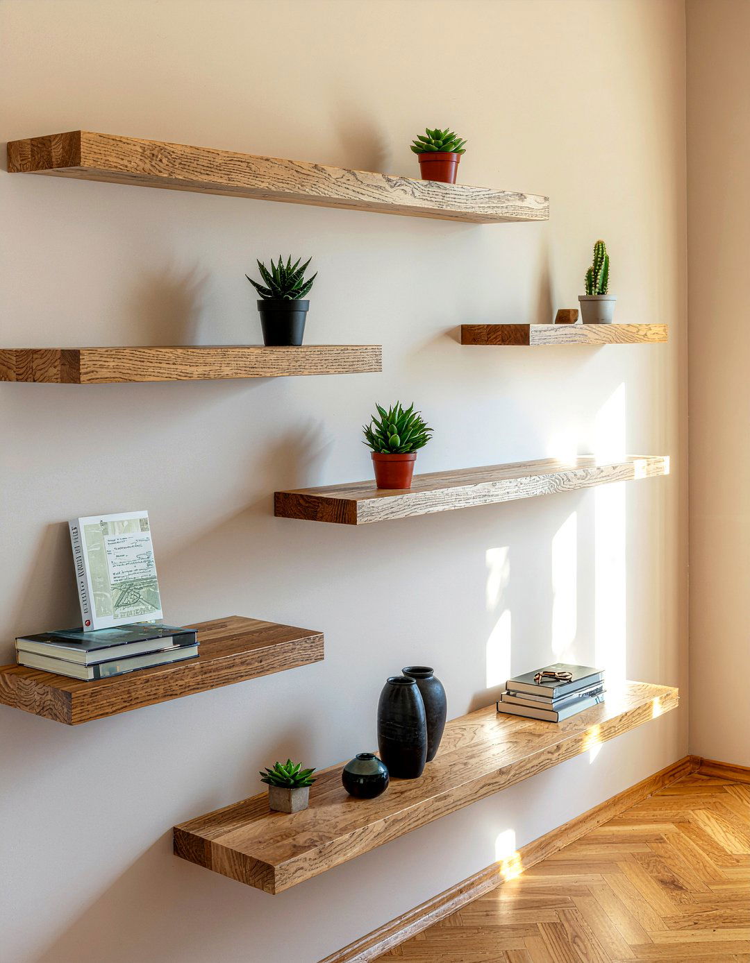 Floating wood shelves - 30 living room wall decor ideas
