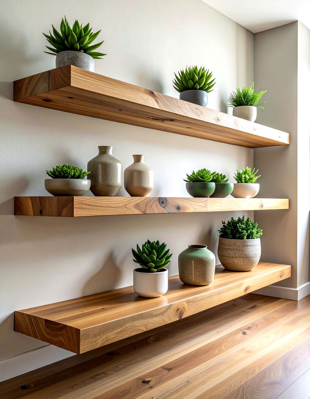 Floating wood shelves - 30 living room wall shelving ideas