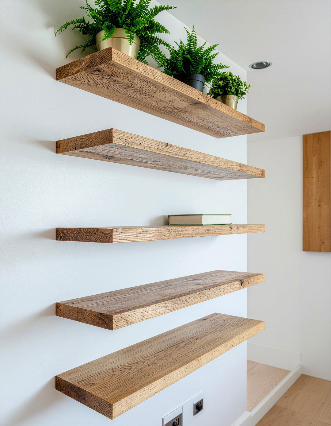 Floating wood shelves - 30 modern farmhouse kitchen ideas
