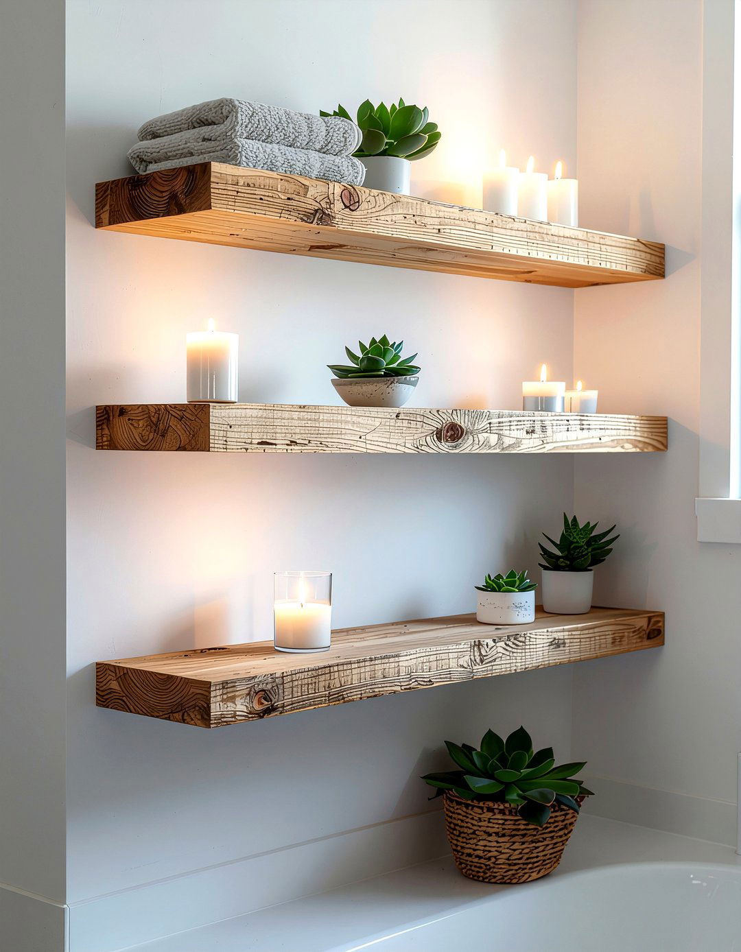 Floating wood shelves - 30 bathroom maximization ideas