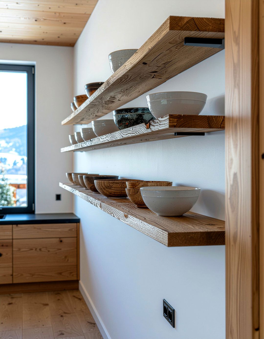 Floating wood shelves - 30 ski house kitchen ideas