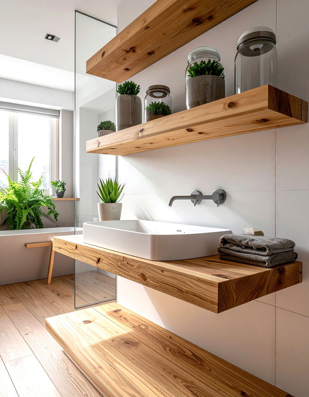 Floating wood shelves bathroom - 30 warm bathroom ideas