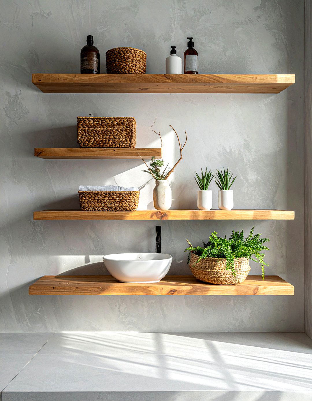 Floating wood shelves bathroom - 30 boho bathroom ideas