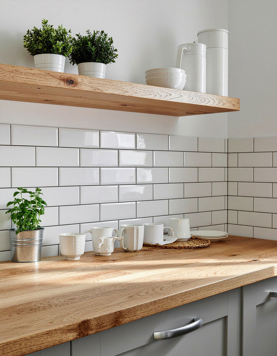 Floating wood shelves over subway tile - 30 open shelf backsplash kitchen ideas