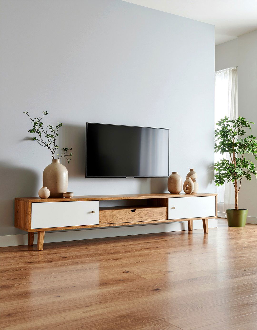Floating wood tv stand - 30 living room tv console ideas
