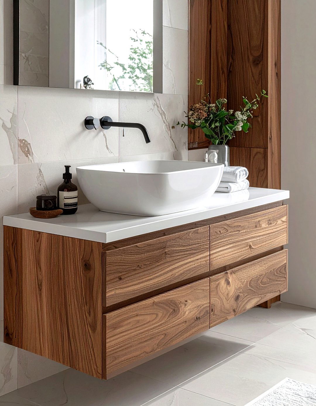 Floating wood vanity white basin - 30 brown and white bathroom ideas