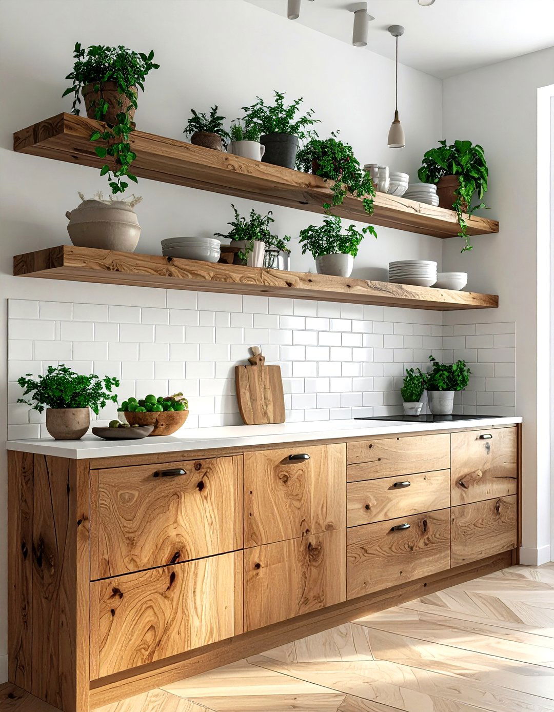 Floating wood wall shelves - 30 custom kitchen ideas