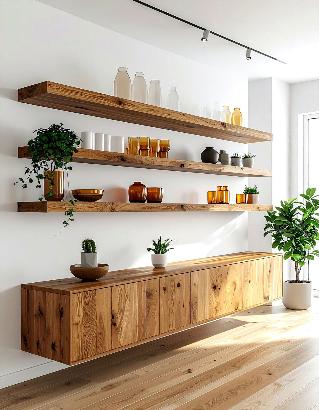 Floating wooden shelves - 30 golden hour dining room ideas