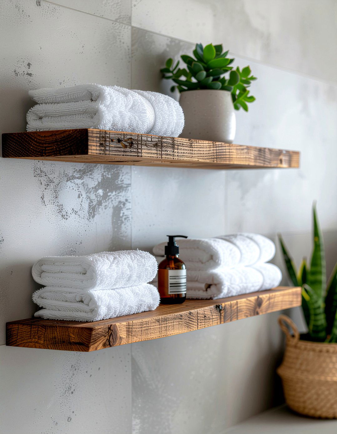 Floating wooden shelves - 30 bathroom creative storage ideas