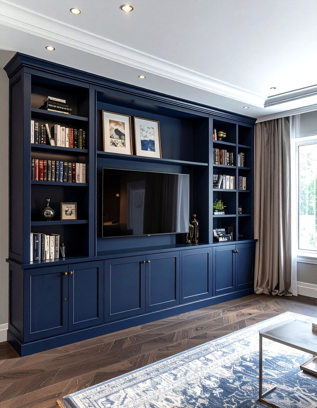 Floor To Ceiling Bookshelf With Integrated TV - 30 living room built-in entertainment center