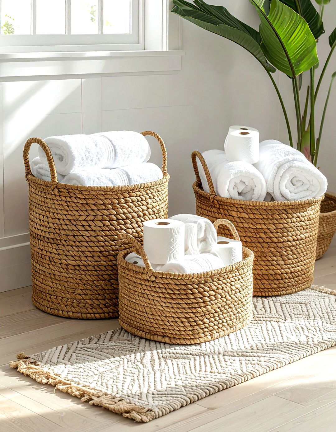 Floor basket storage cluster - 30 bathroom storage solutions