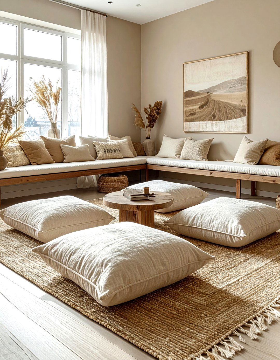 Floor cushion seating living room - 30 bohemian beige living room ideas