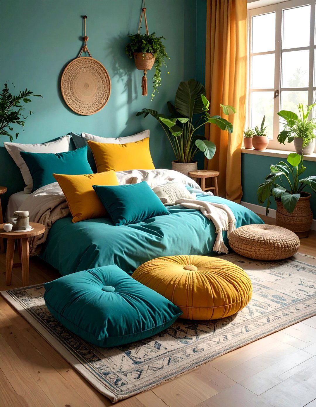 Floor cushions seating bedroom - 30 bohemian teal bedroom ideas