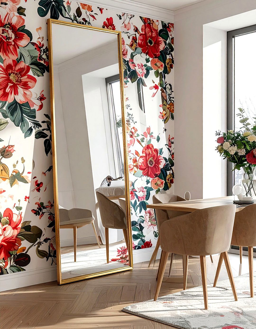 Floor mirror with wallpaper - 30 floor mirror dining room ideas