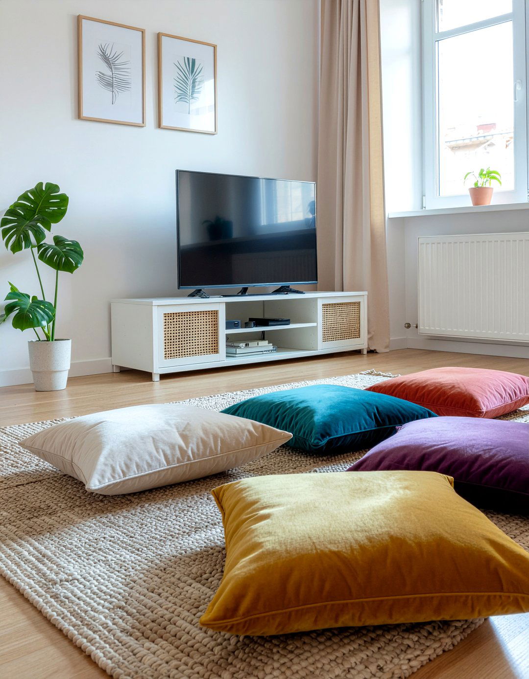 Floor pillows for family movie night - 30 kid friendly living room ideas