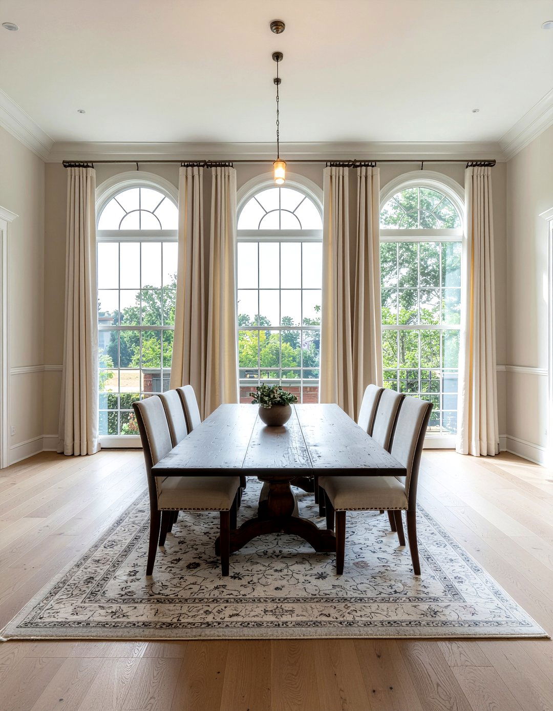 Floor to ceiling neutral drapes - 30 neutral curtain dining room ideas