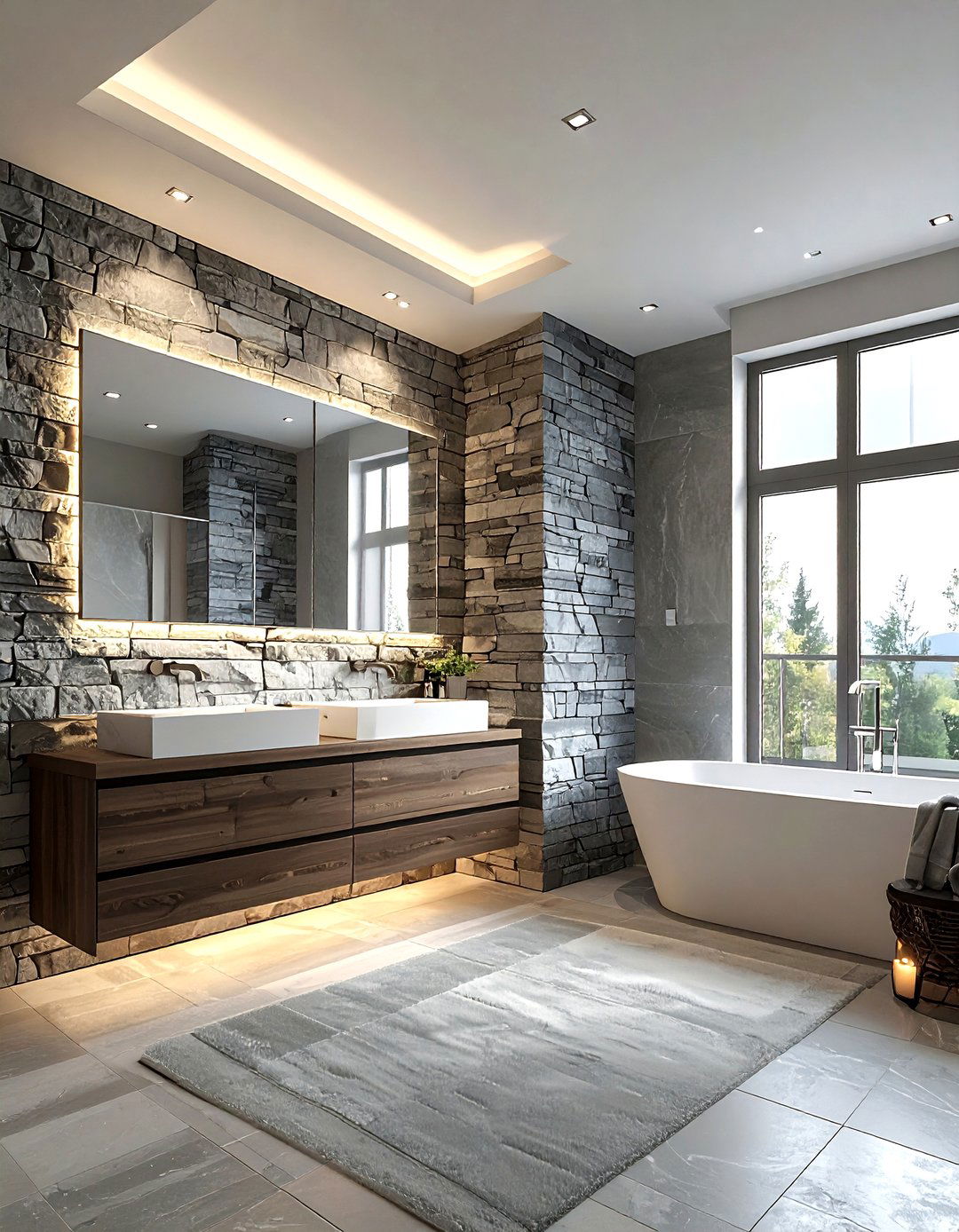 Floor to ceiling stacked stone wall - 30 stacked stone bathroom ideas