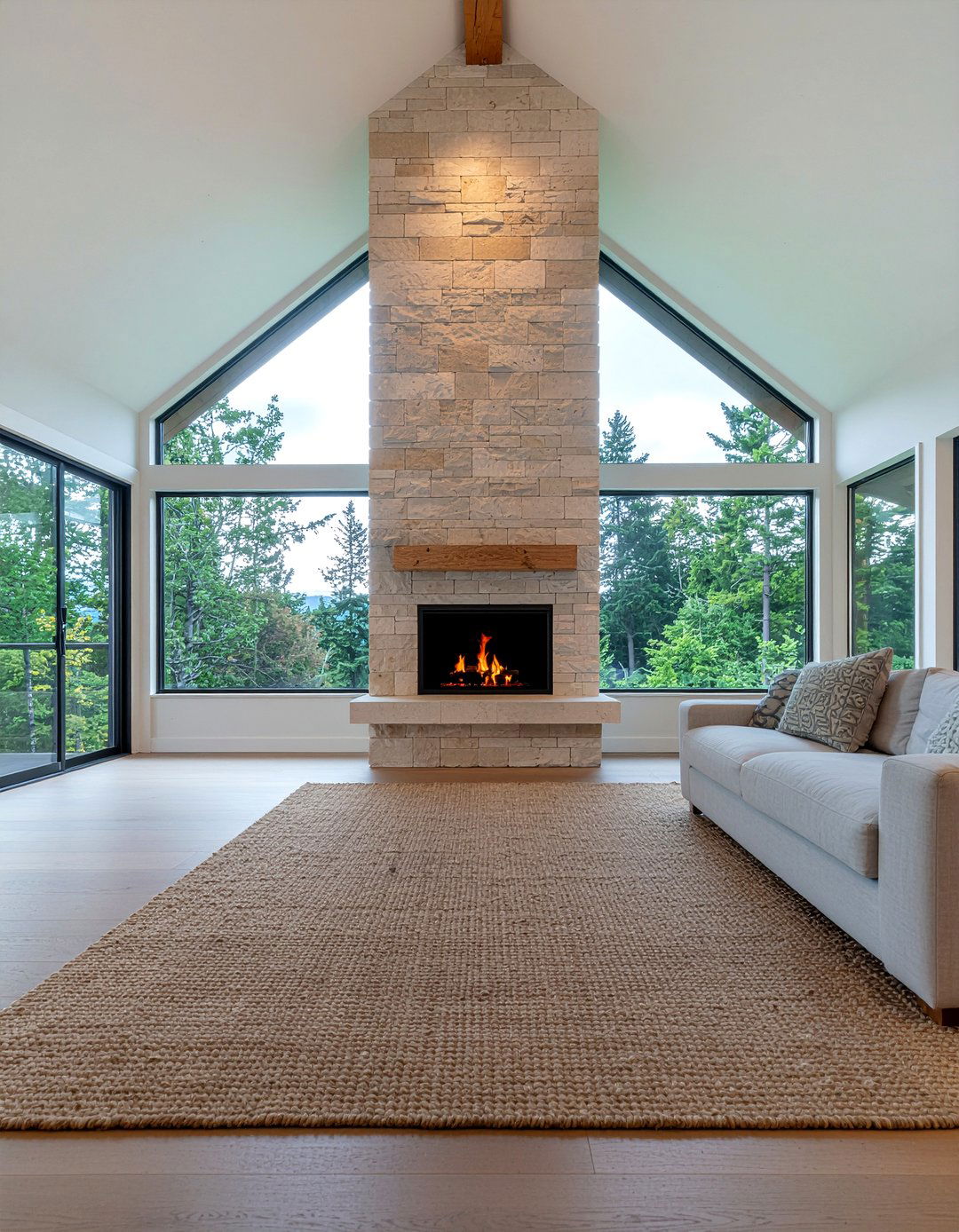 Floor to ceiling stone fireplace - 30 living room modern fireplace ideas