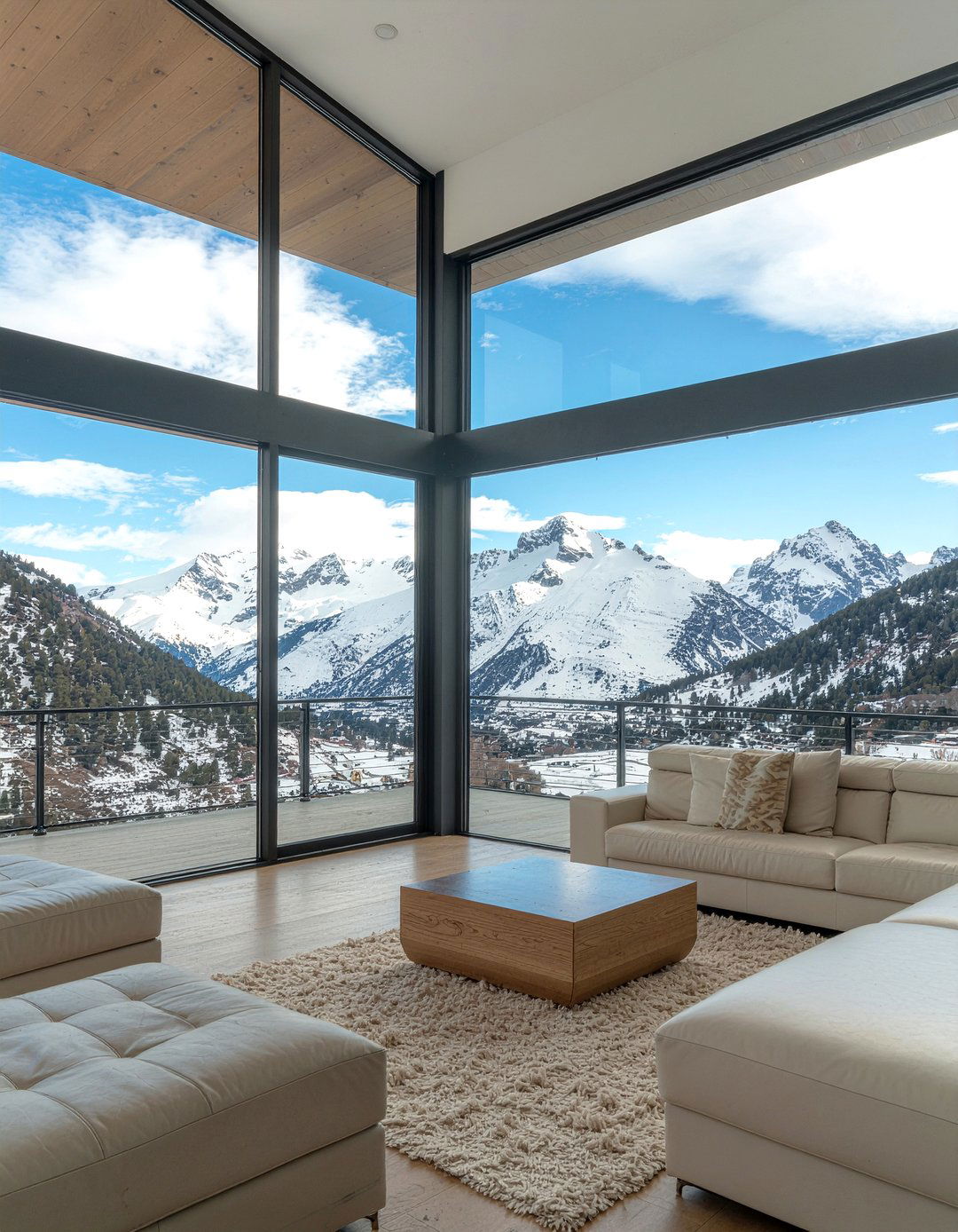 Floor to ceiling windows - 30 mountain house living room ideas