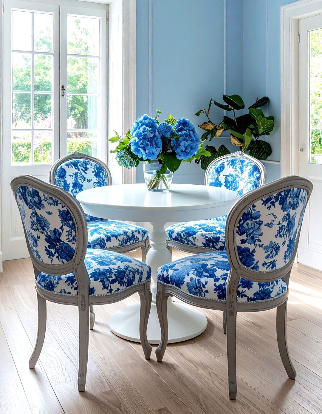 Floral Blue Upholstery - 30 blue and white dining room ideas