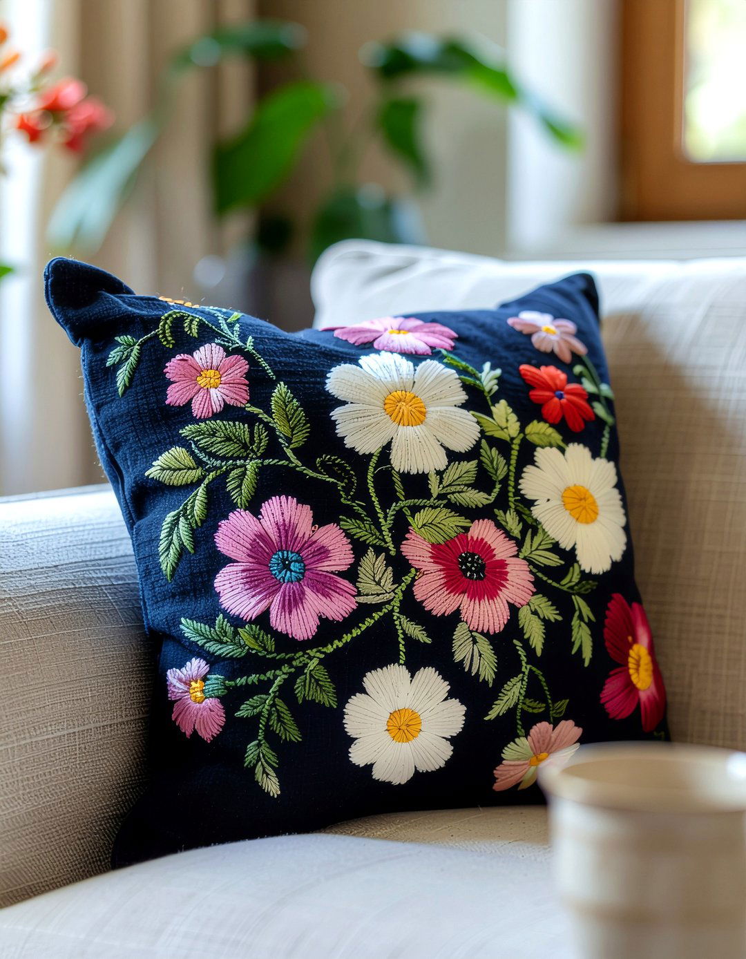 Floral Embroidered Pillow - 30 living room floor cushion ideas