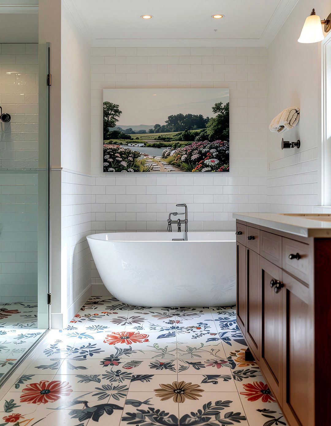 Floral Print Ceramic Tile - 30 bathroom floor statement ideas