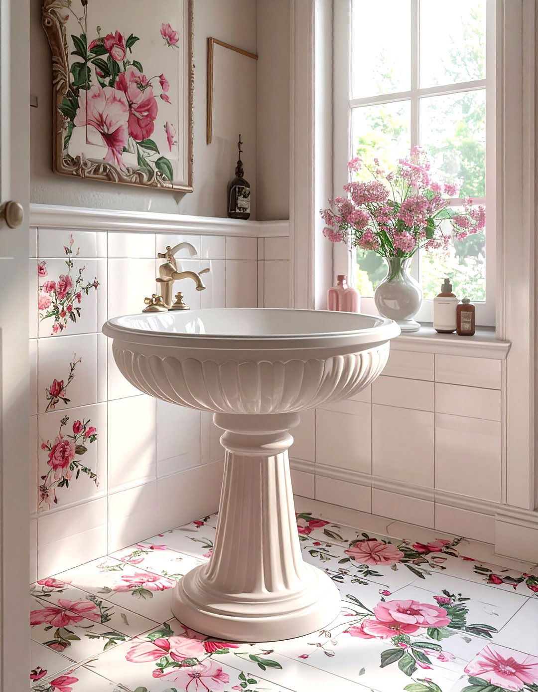Floral Print Ceramic Tile - 30 bathroom floor design ideas