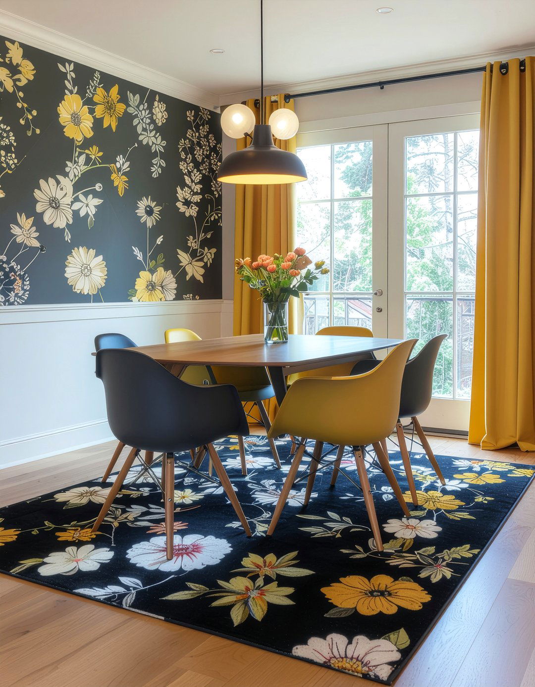 Floral Rug And Geometric Wallpaper - 30 dining room pattern mixing ideas