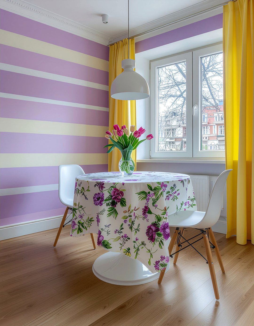 Floral Table Linens And Striped Walls - 30 dining room pattern mixing ideas