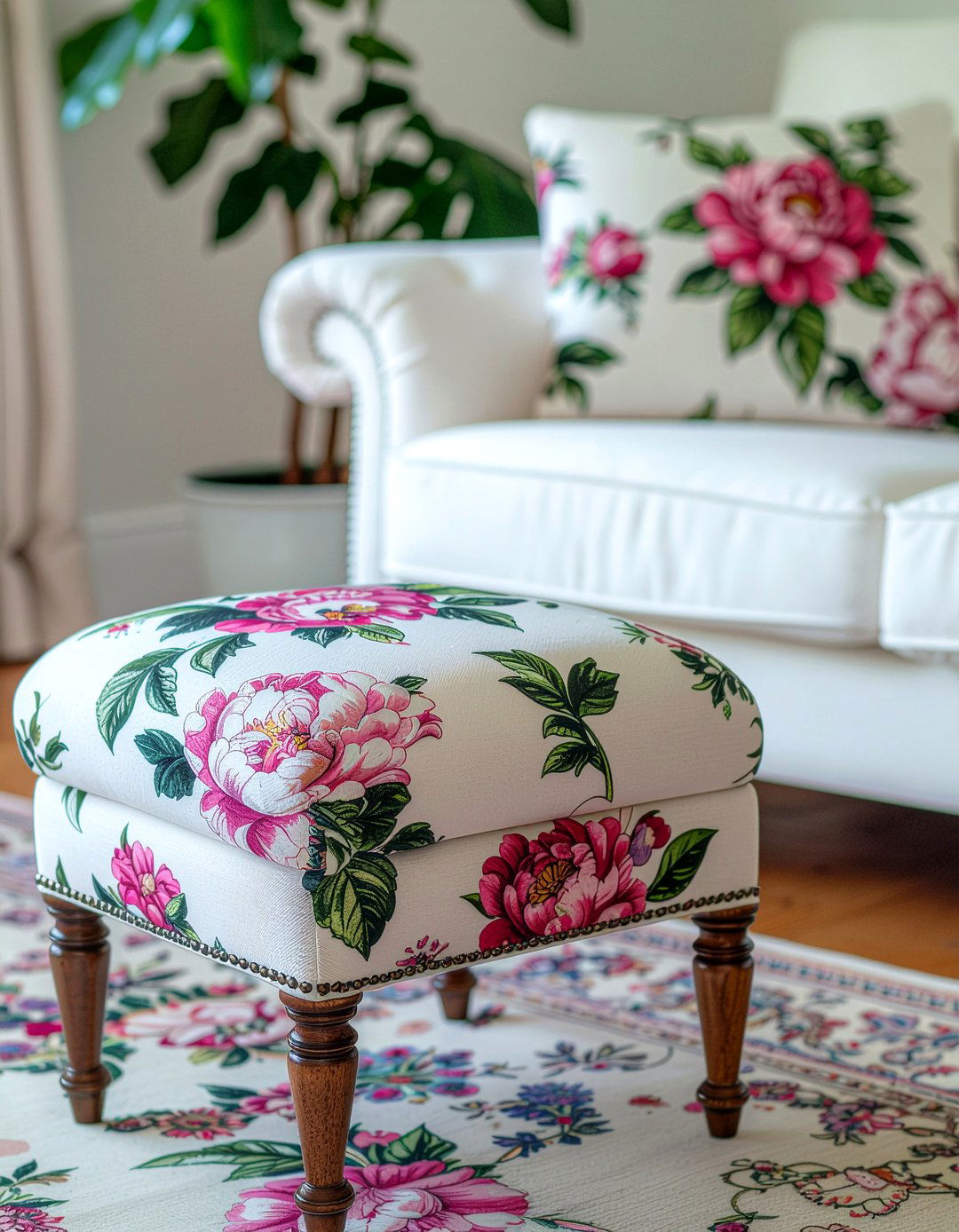 Floral Upholstered Footstool - 30 living room footstool ideas