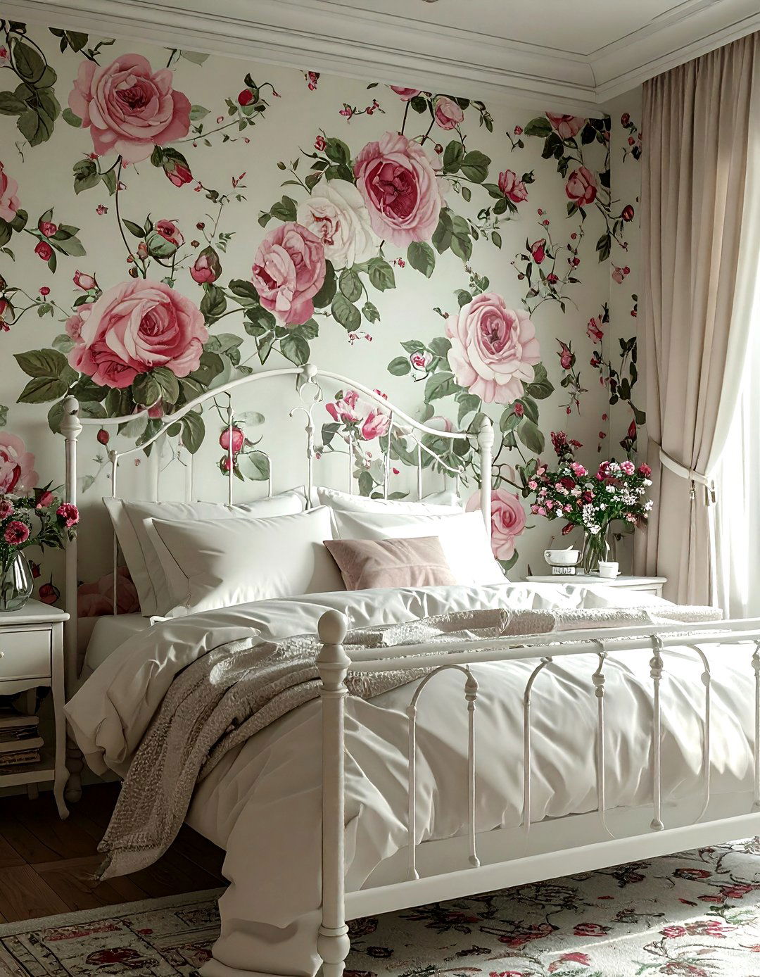 Floral Wallpaper Accent Wall - 30 shabby chic bedroom ideas
