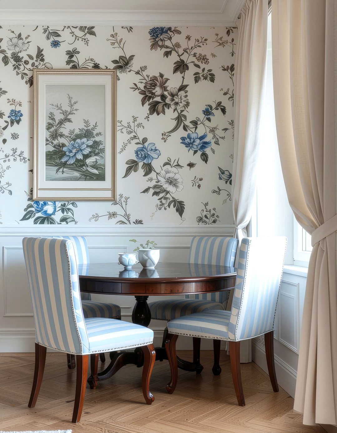 Floral Wallpaper With Striped Chairs - 30 dining room pattern mixing ideas