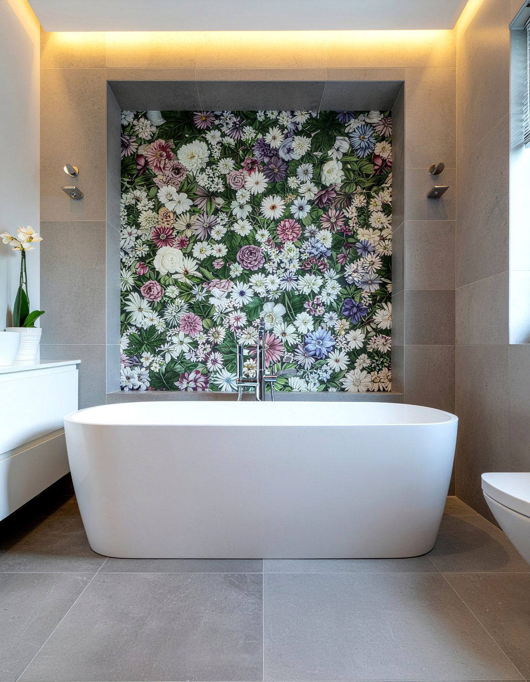 Floral and solid tile - 30 mixed tile bathroom ideas