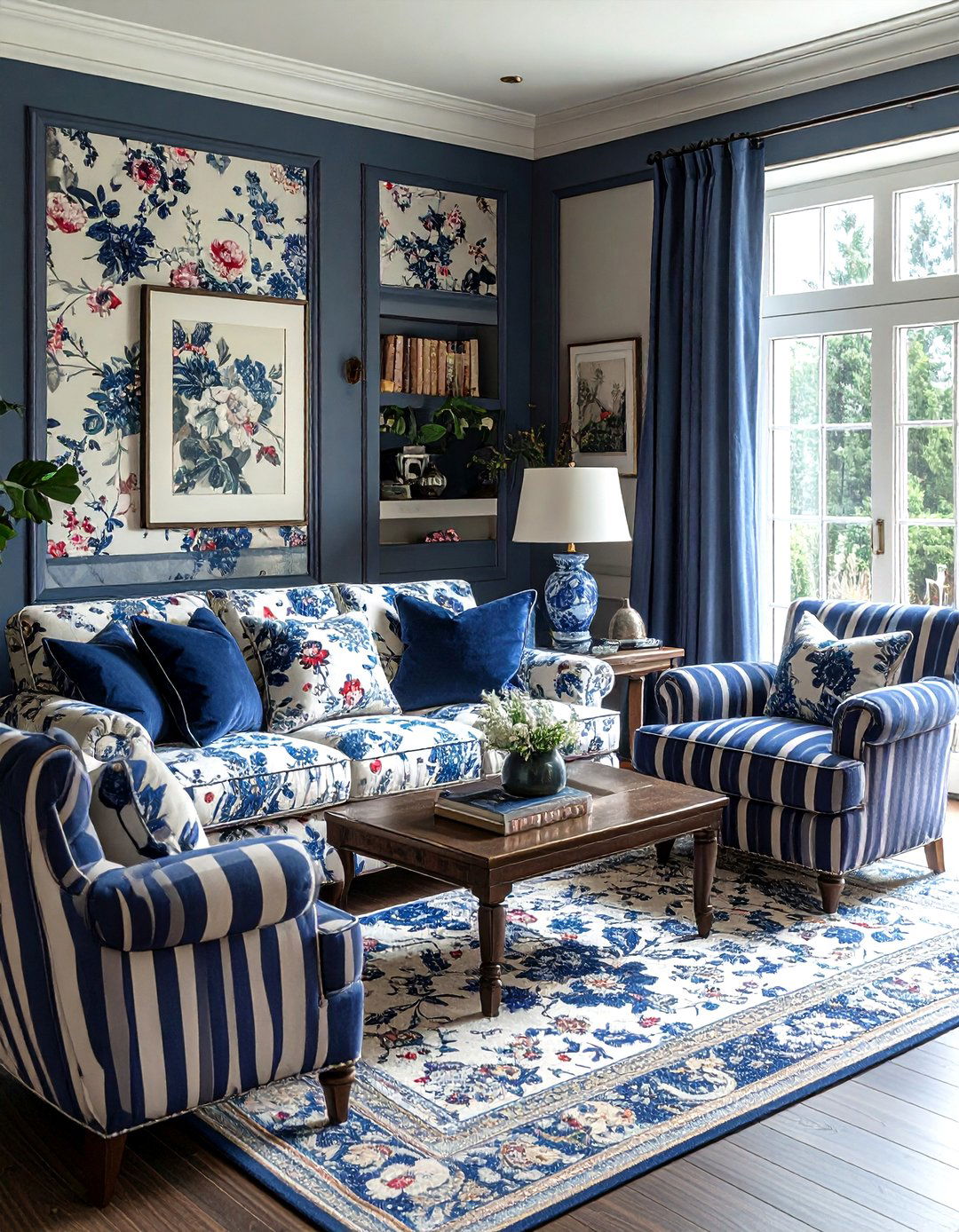 Floral and stripe living room - 30 living room pattern mixing ideas