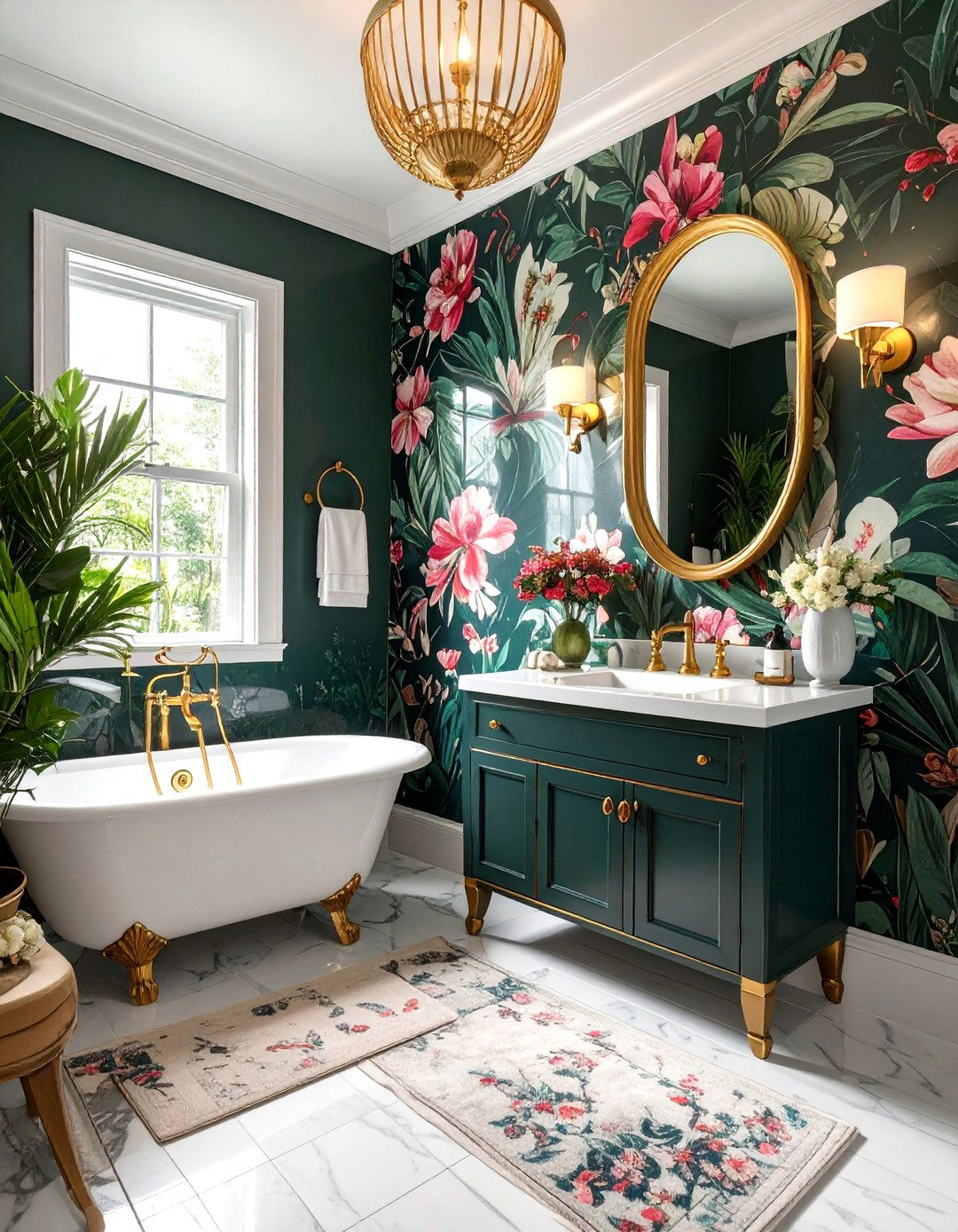 Floral bathroom wallpaper - 30 townhouse bathroom ideas