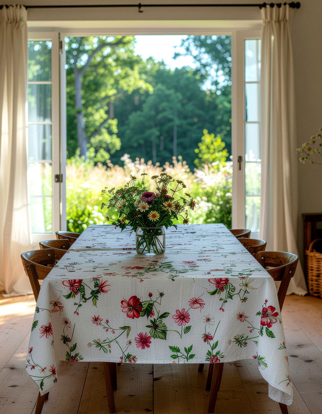 Floral linen tablecloth - 30 meadow dining room ideas