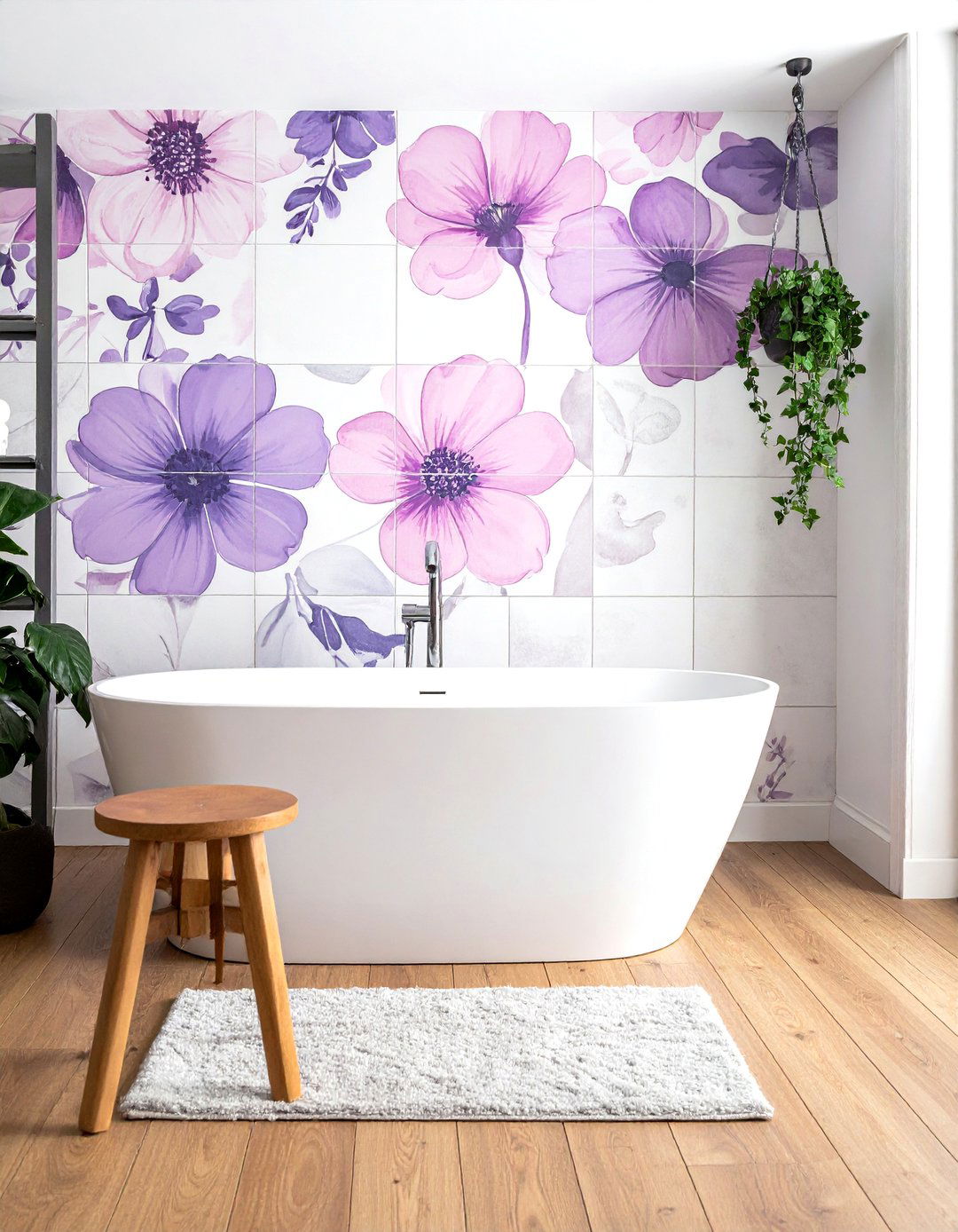Floral pattern cement tile bathroom wall - 30 cement tile bathroom ideas