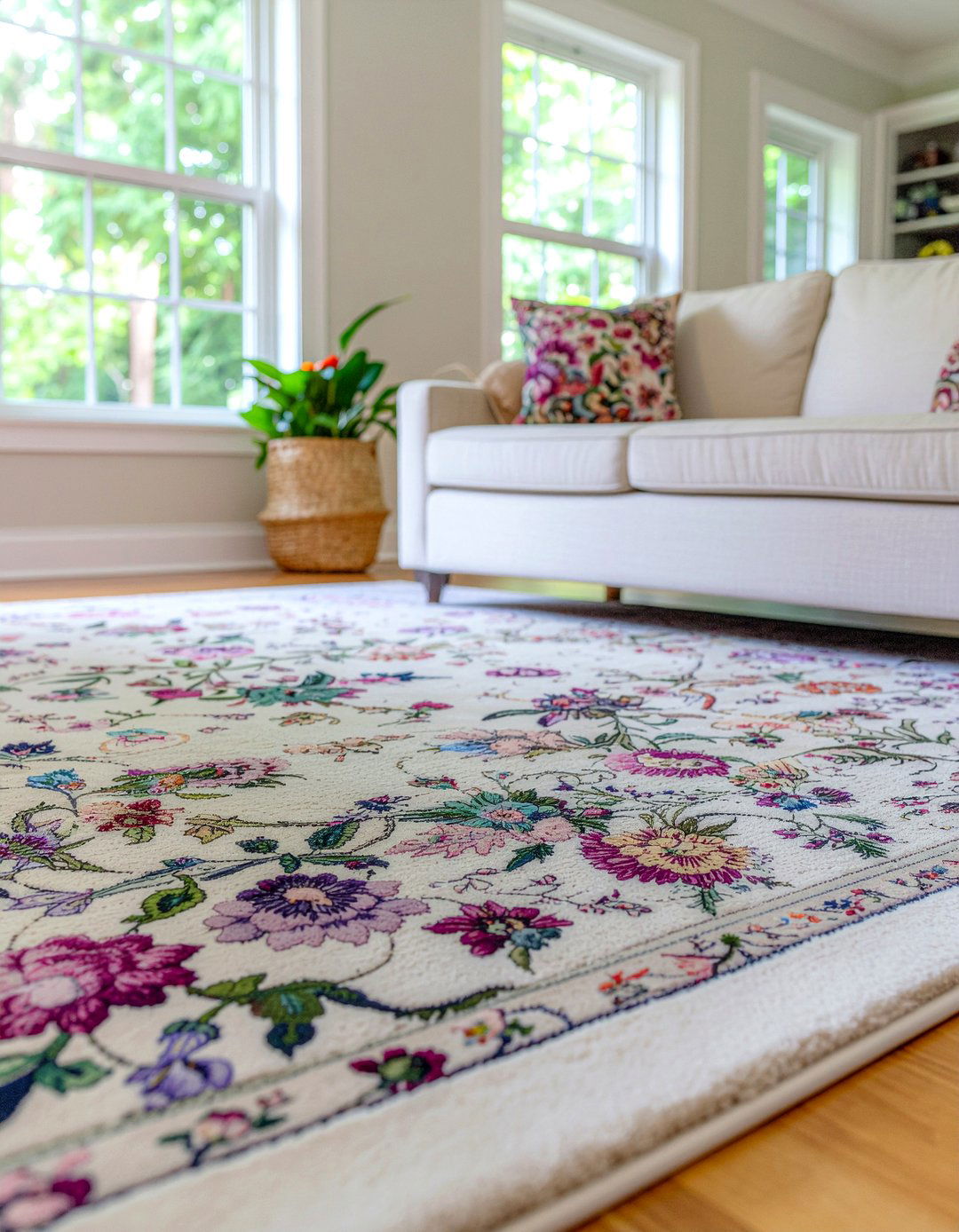 Floral rug on neutral carpet - 30 living room rug layering ideas