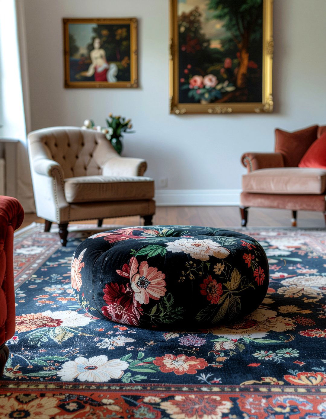 Floral velvet ottoman - 30 living room velvet ottoman ideas