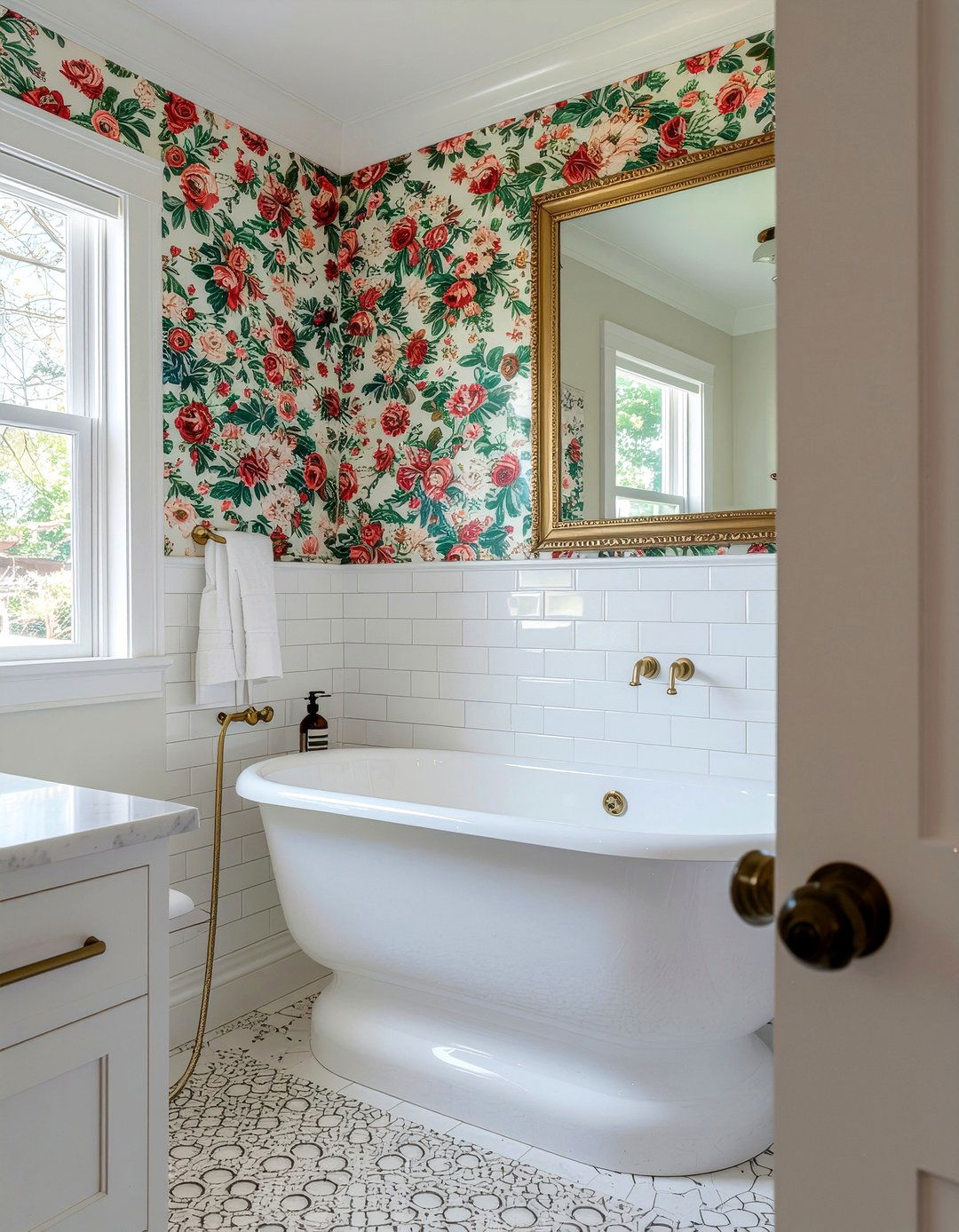 Floral wallpaper and subway tile - 30 bathroom pattern mixing ideas