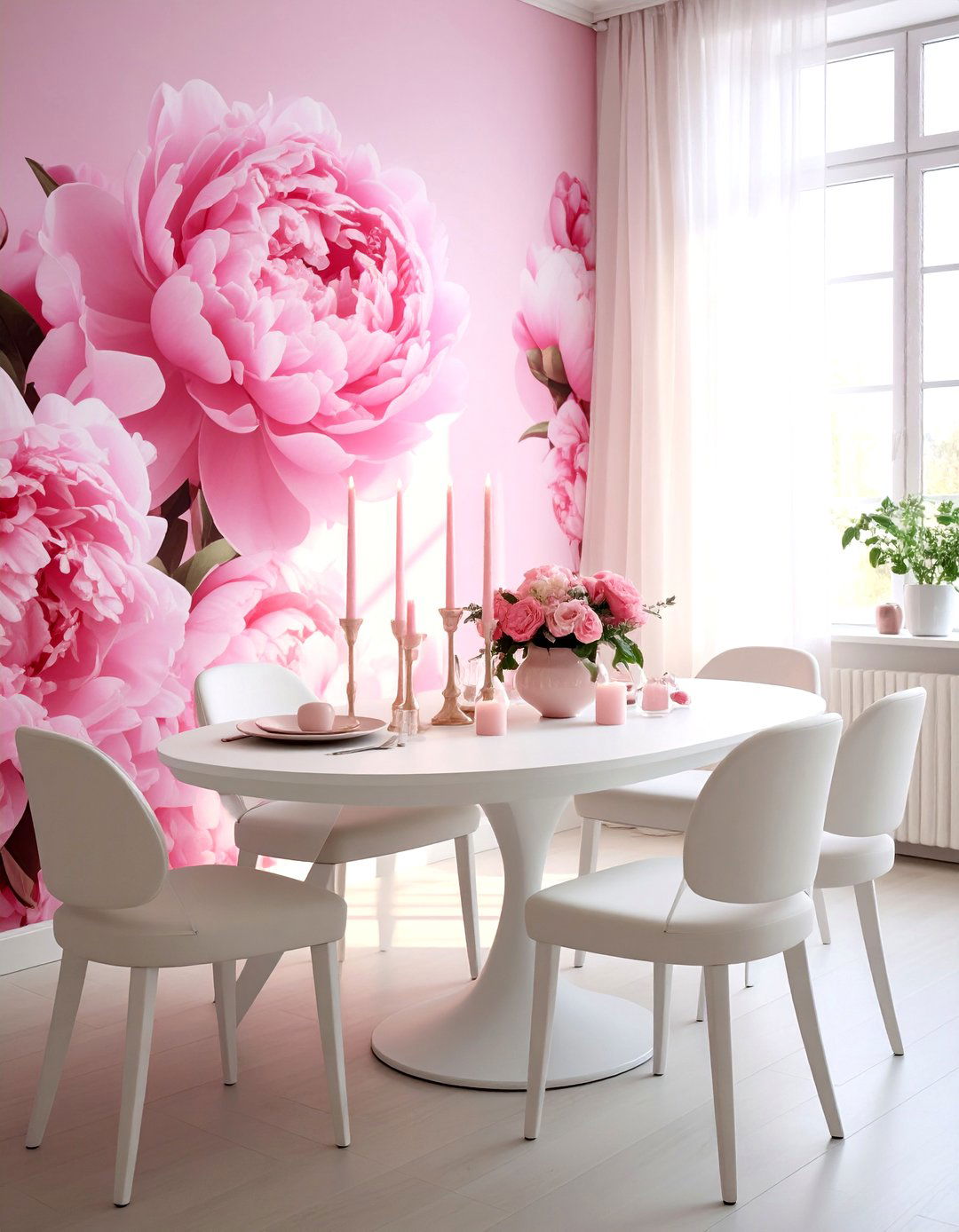 Floral wallpaper blush dining room - 30 blush and white dining room ideas