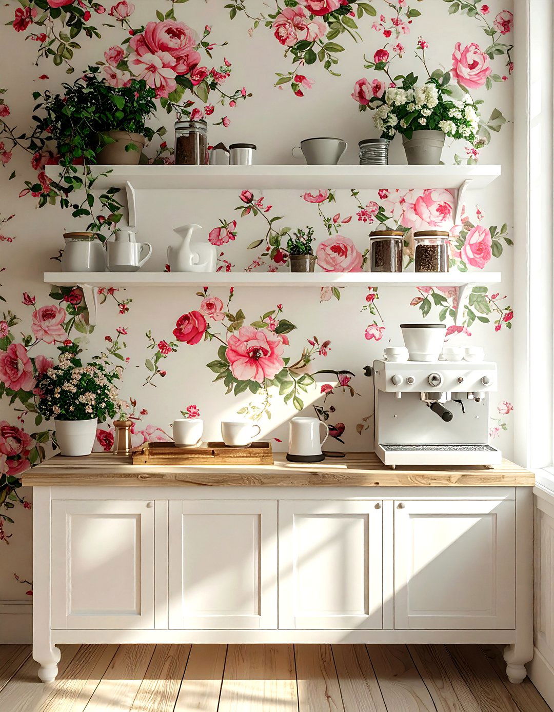Floral wallpaper coffee nook - 30 coffee bar kitchen ideas