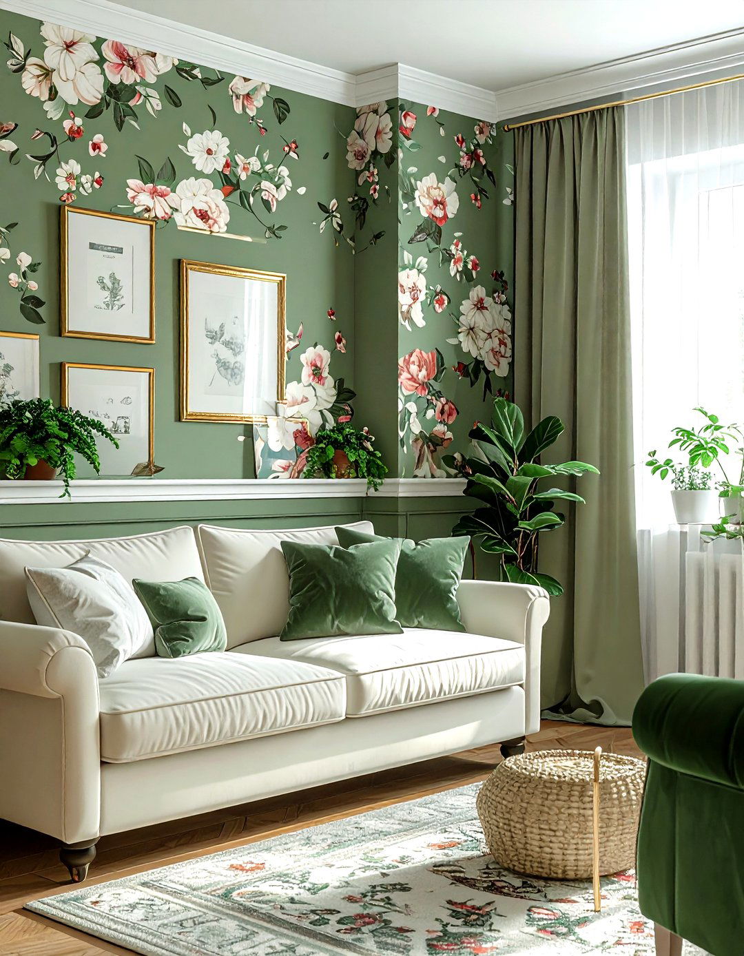 Floral wallpaper with chair rail - 30 living room chair rail ideas