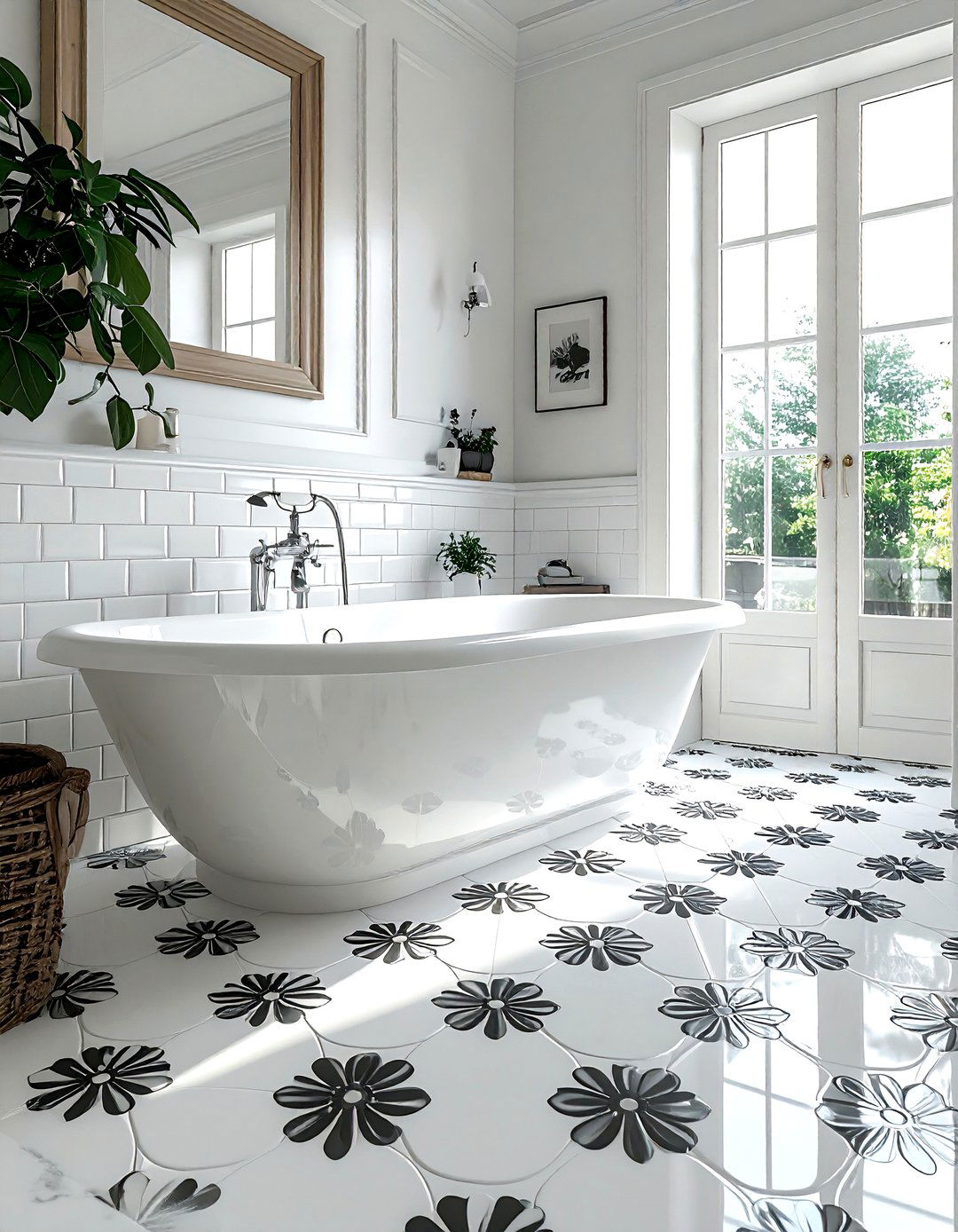 Flower pattern penny tile floor - 30 penny round tile bathroom ideas