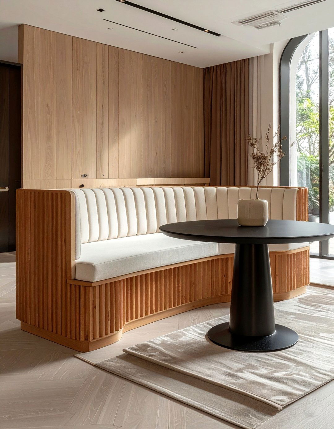 Fluted Wood Banquette - 30 corner banquette dining ideas