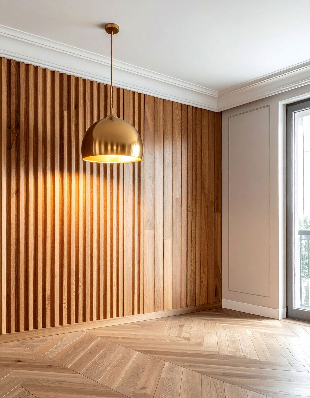 Fluted Wood Panel Brass Light - 30 dining room texture layering ideas